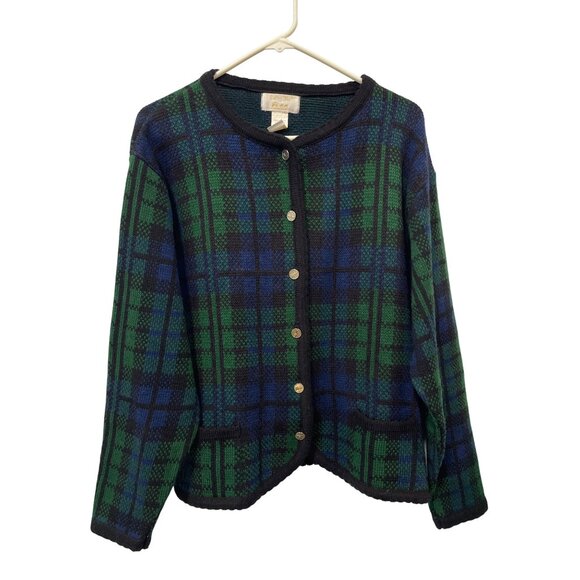 Vintage 90s Tally Ho Cardigan Sweater Size XL Blackwatch Plaid Button Blue Green - Picture 1 of 7